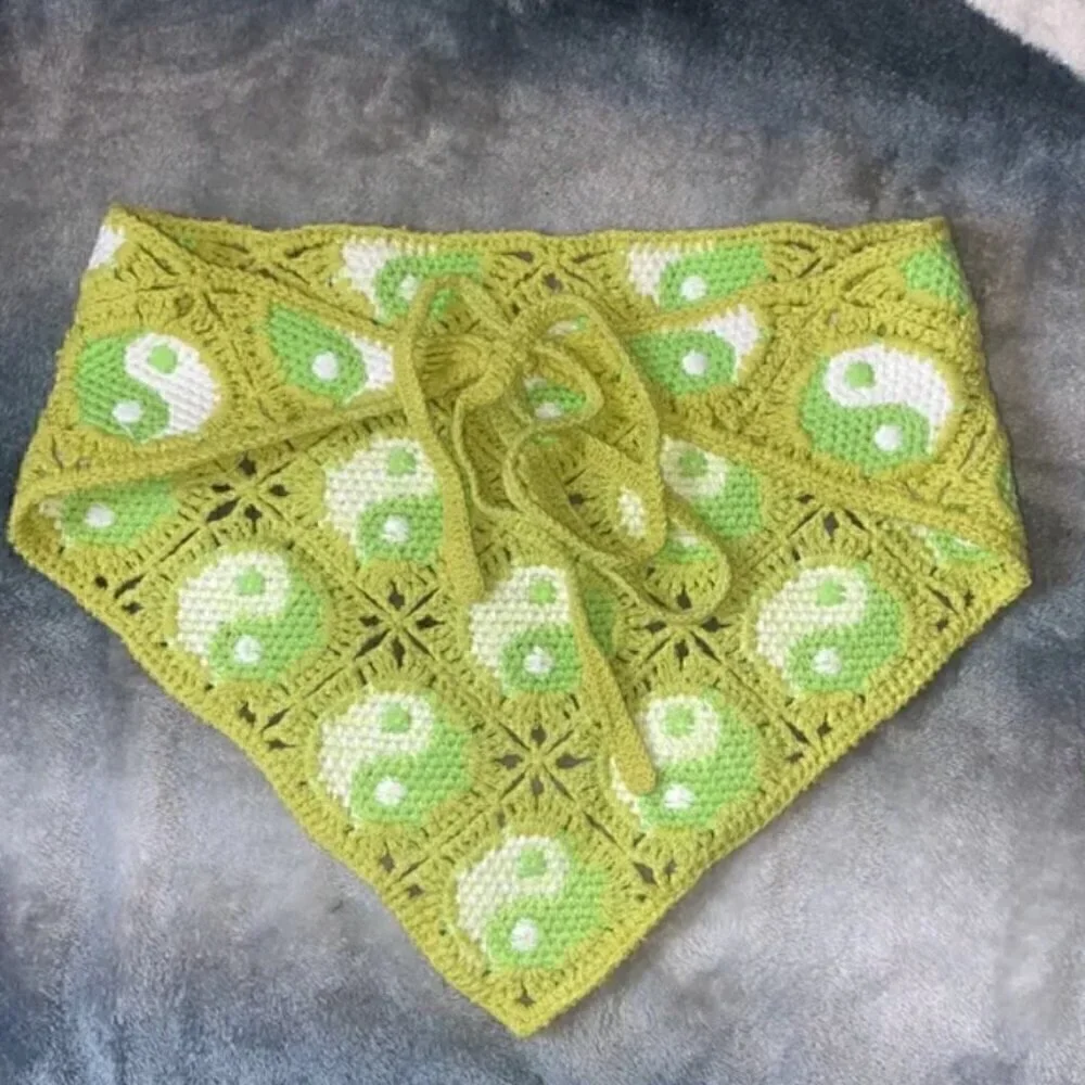 Urban Outfitters Yin Yang Icon Crochet Hair Bandanna Lime Green Knit Scarf Top